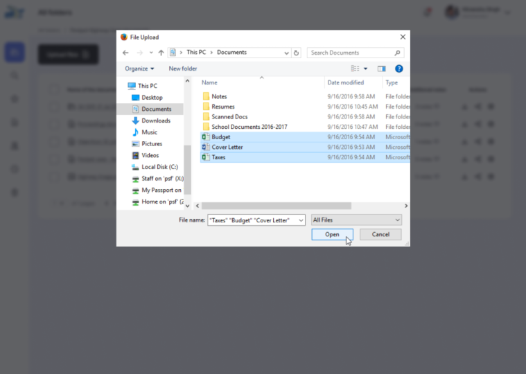 Admin - All folders - Inside folder - Upload files