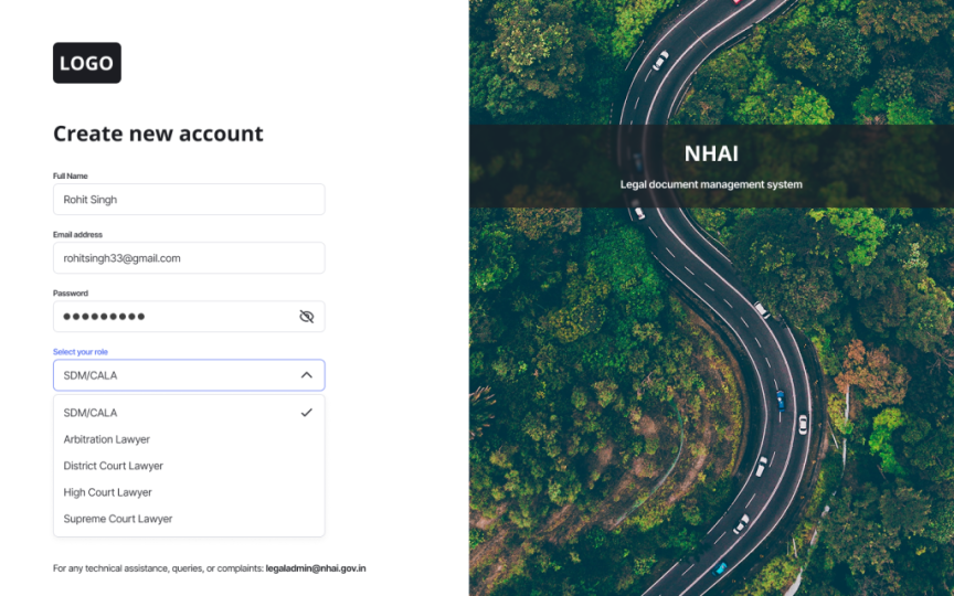 Admin - Landing page - Create new account - Dropdown